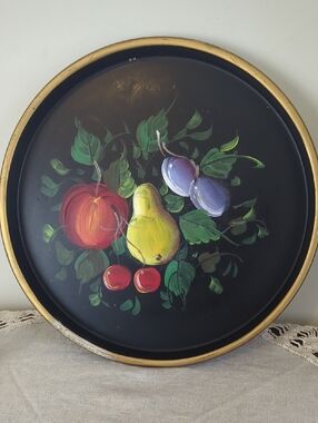 Vintage Handpainted Tole Style   Black Lacquer Metal Serving Tray Wall Decor